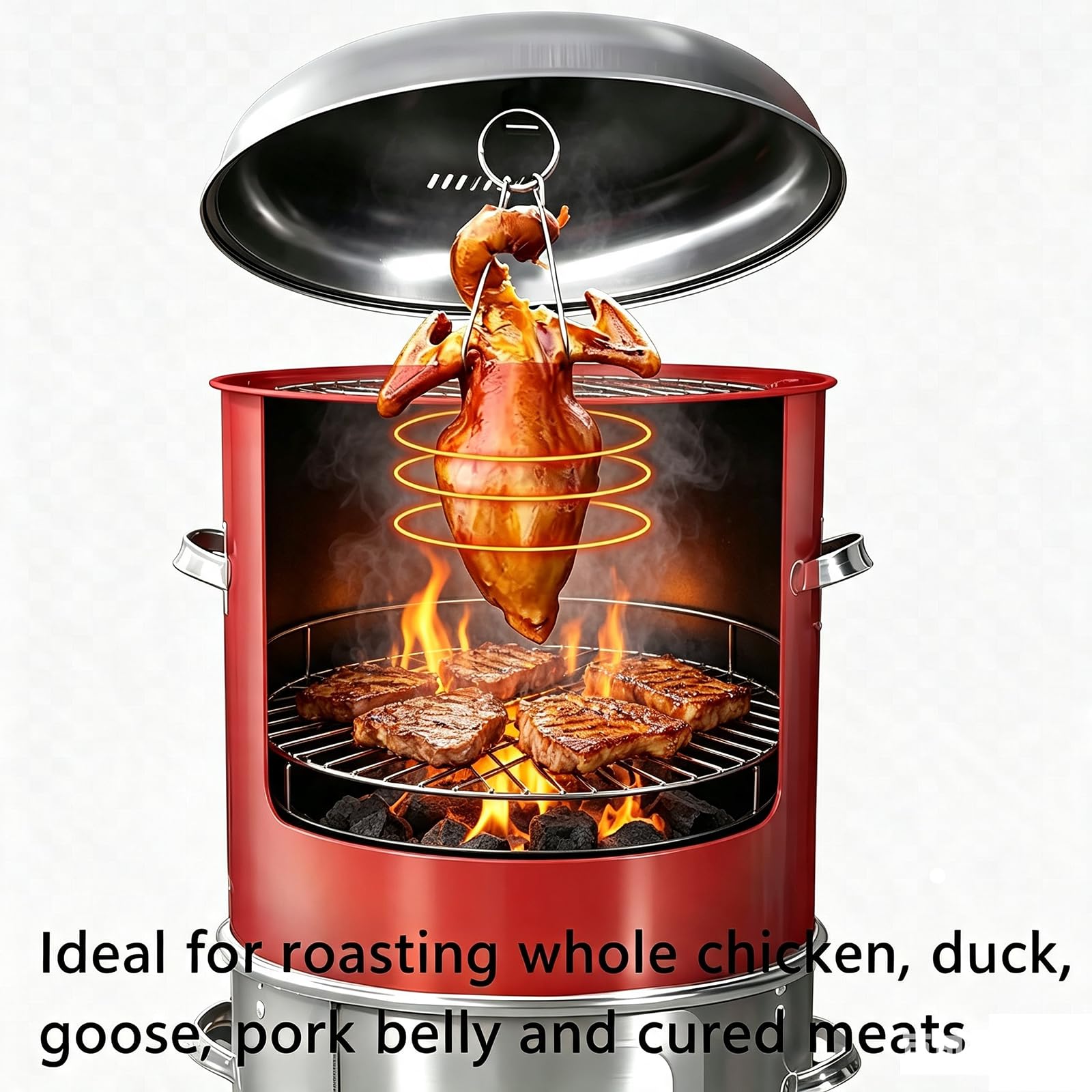 Barbecue A Carbone 3 in 1 con Termometro | Barile Arrostire Carne, Pollame Intero, Spiedini Circolari, Griglia Piatta, 3 Modalità Cottura, Ideale Per Patio E Campeggio