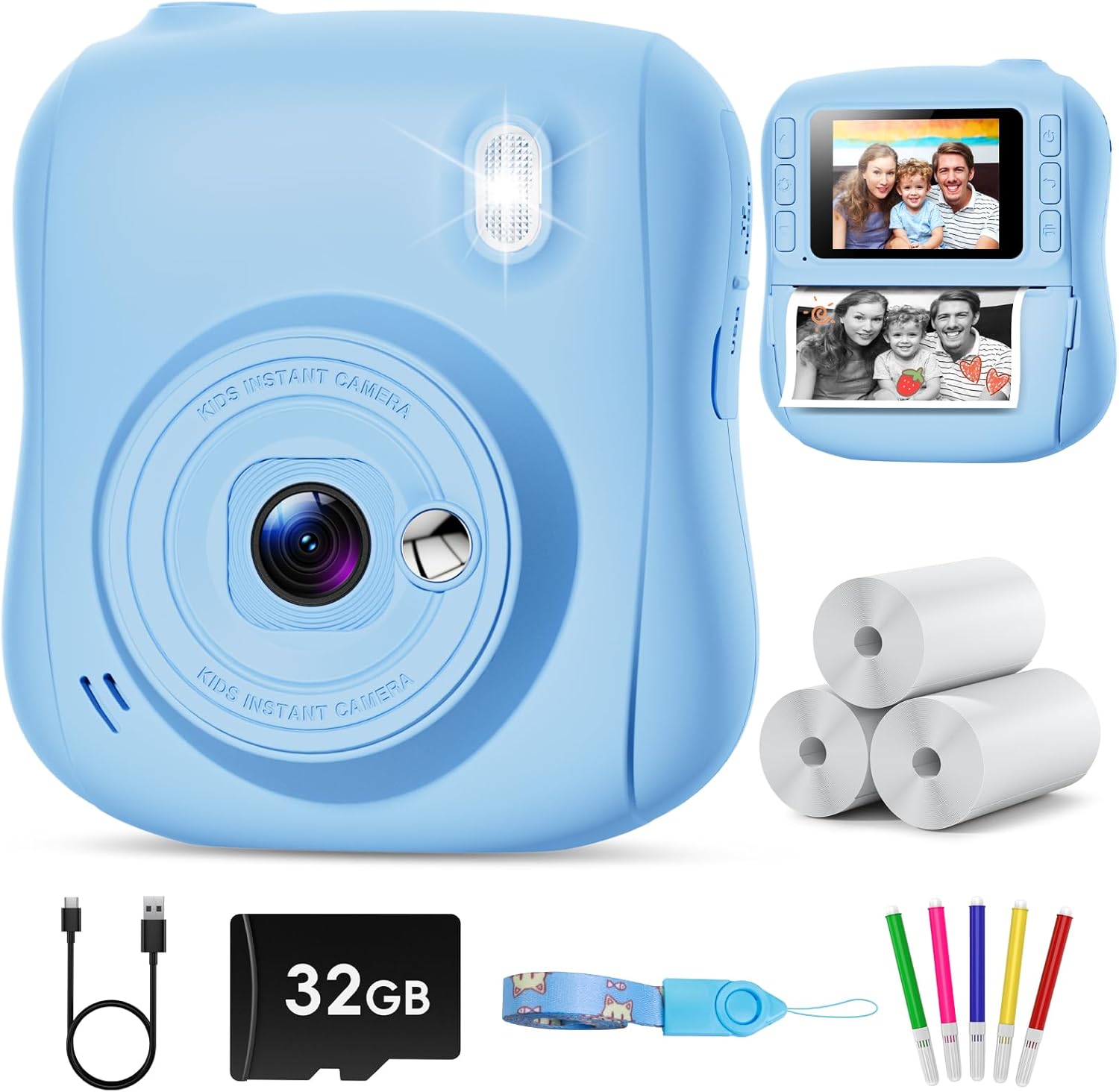 Instant print camera for kids with 32GB card