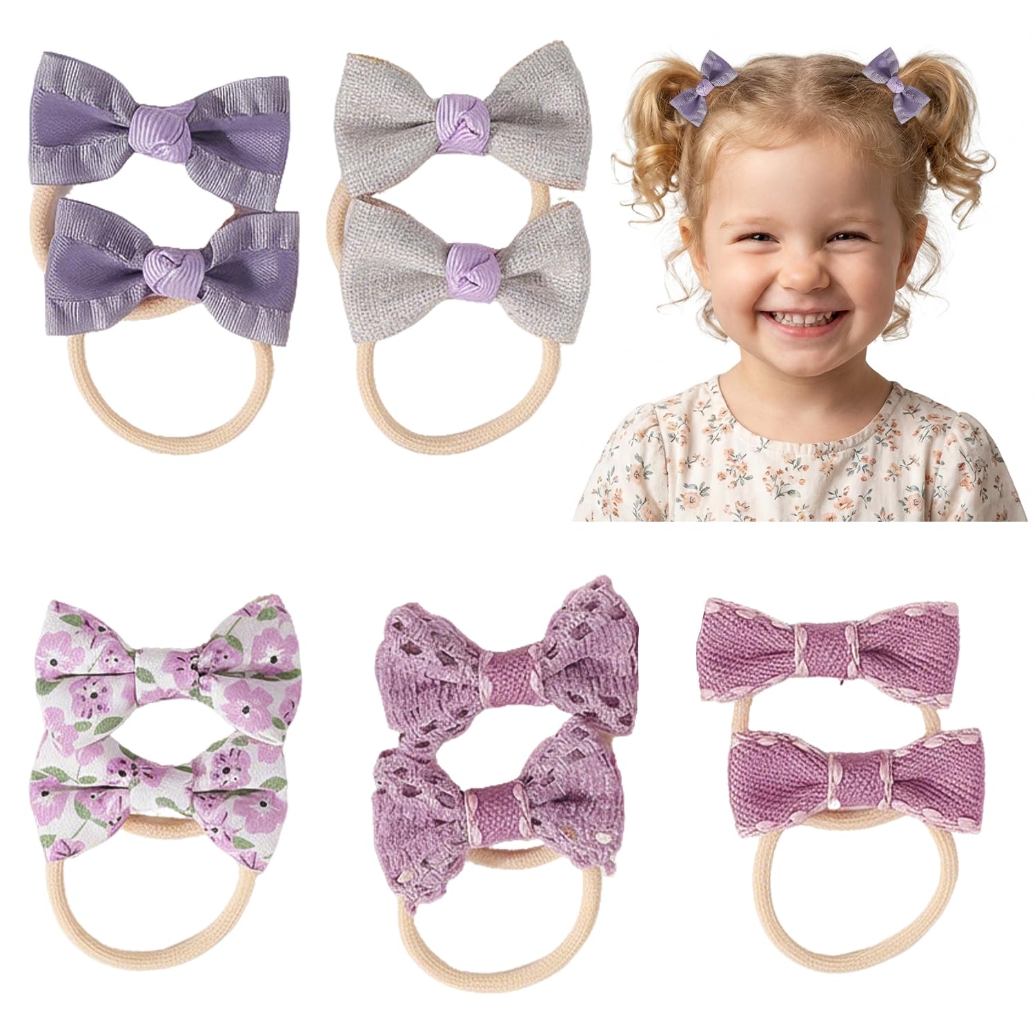 10 Pcs Baby Hair Bands, Bow Toddler Hair Bobbles Soft Baby Hair Ties Elastic Girls Ponytail Holders for Girl Kids Toddlers Infants (Purple)