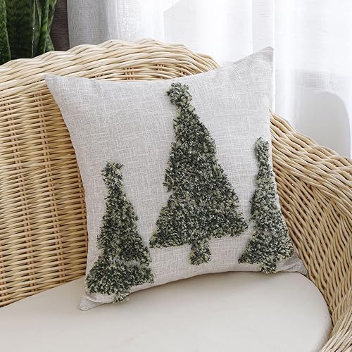 vctops Funda de cojín cuadrada decorativa con diseño de árbol de Navidad, funda de cojín tejida suave con acento copetudo para sofá, dormitorio,
