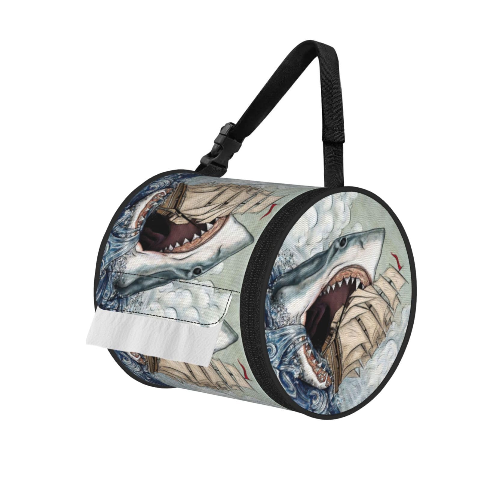 Jiuty Black Cartoon Shark Eating Ship In Ocean Sea Print Cylinder Tissue Organizer Bag With Strap, Portable Toilet Roll Holder For Camping Car