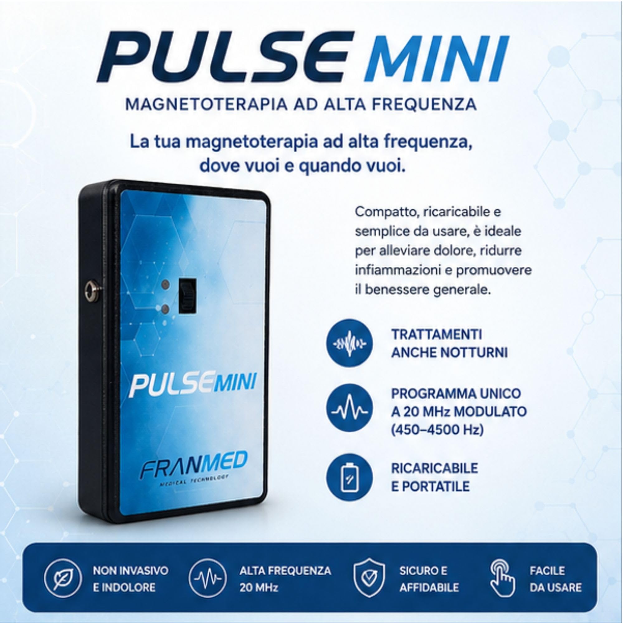 Pulse Mini Dispositivo Medico per Magnetoterapia Domiciliare ad Alta Frequenza - Fascia Elastica Inclusa per il Trattamento di Fastidi Articolari e Muscolari