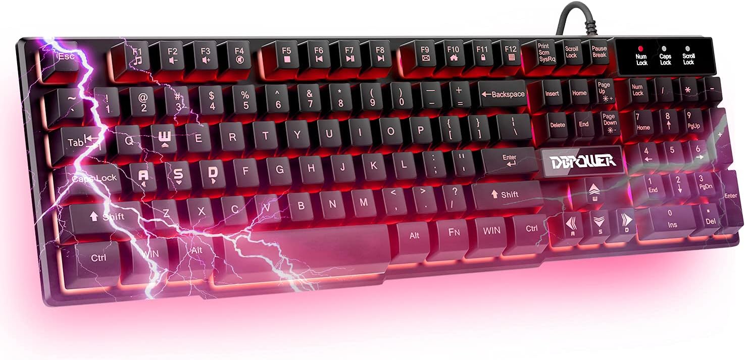 DBPOWER Gaming Office 2-in-1 Keyboard with 3-Color LED backlighting, Ergonomic Waterproof Mechanical Feel Full-Size 104-key Gaming Keyboard, Office Equipment for PC laptops Computer