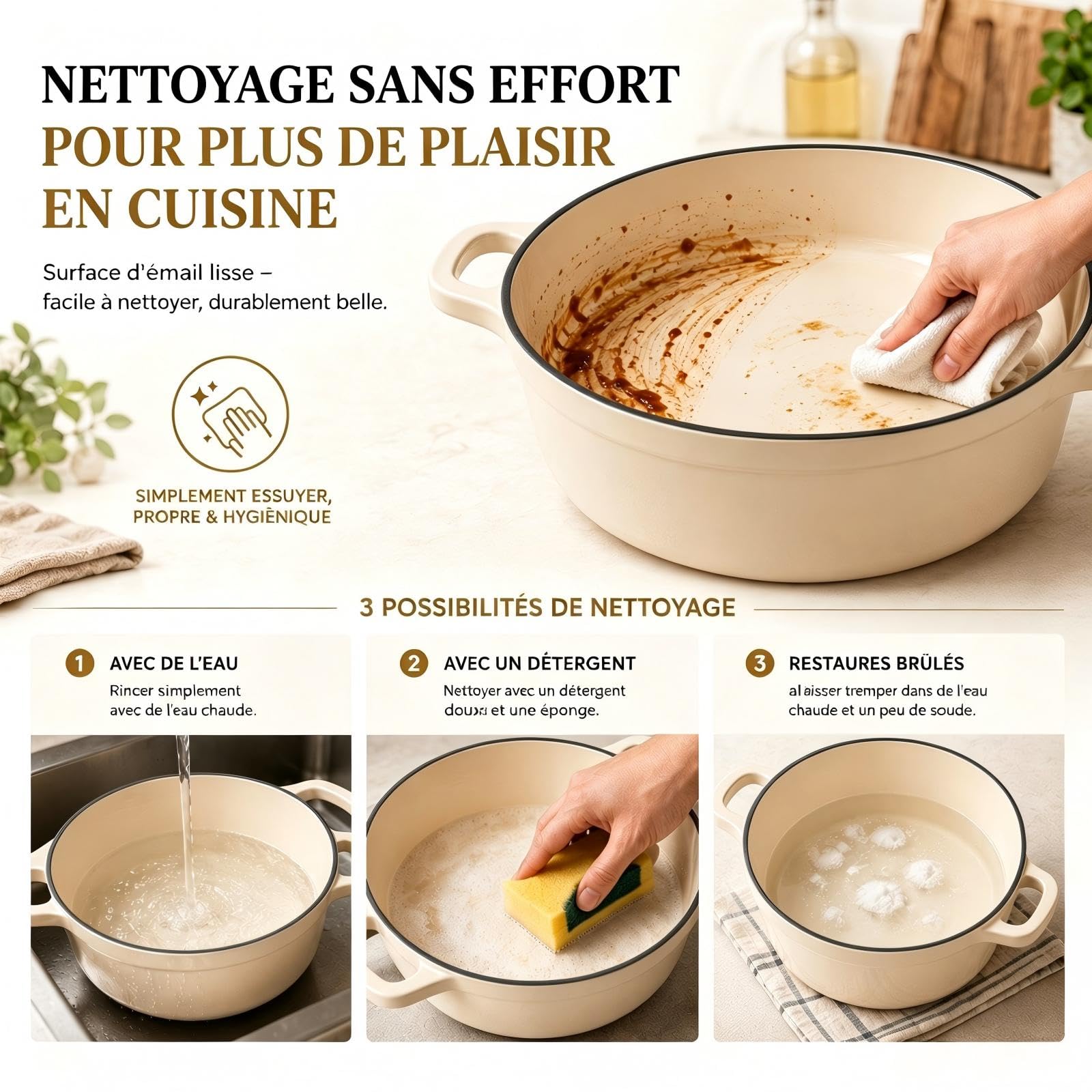 AHJ 4 Casseroles en Fonte Émaillée, Ensemble de cocottes avec poêle à Pain de 4,5 L, rôtissoire de 2,5 L, poêle à Griller de 1,2 L et Couvercle, antiadhésif, va au Four jusqu'à 260°C, Blanc