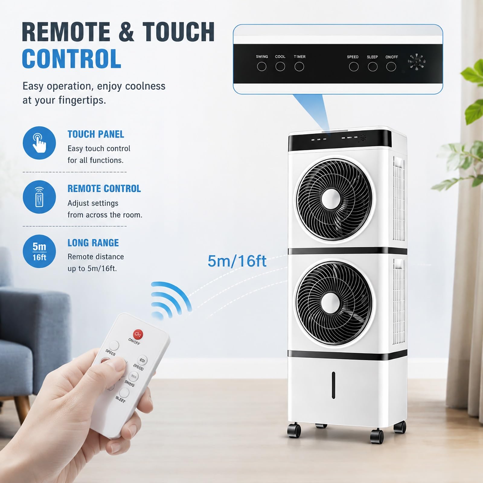 Climatizador Evaporativo Silencioso de 14 L, Temporizador de 12 Horas | Control Remoto, 3 Velocidades, 1200 CFM, 4 Paquetes de Hielo, para Oficinas en Casa