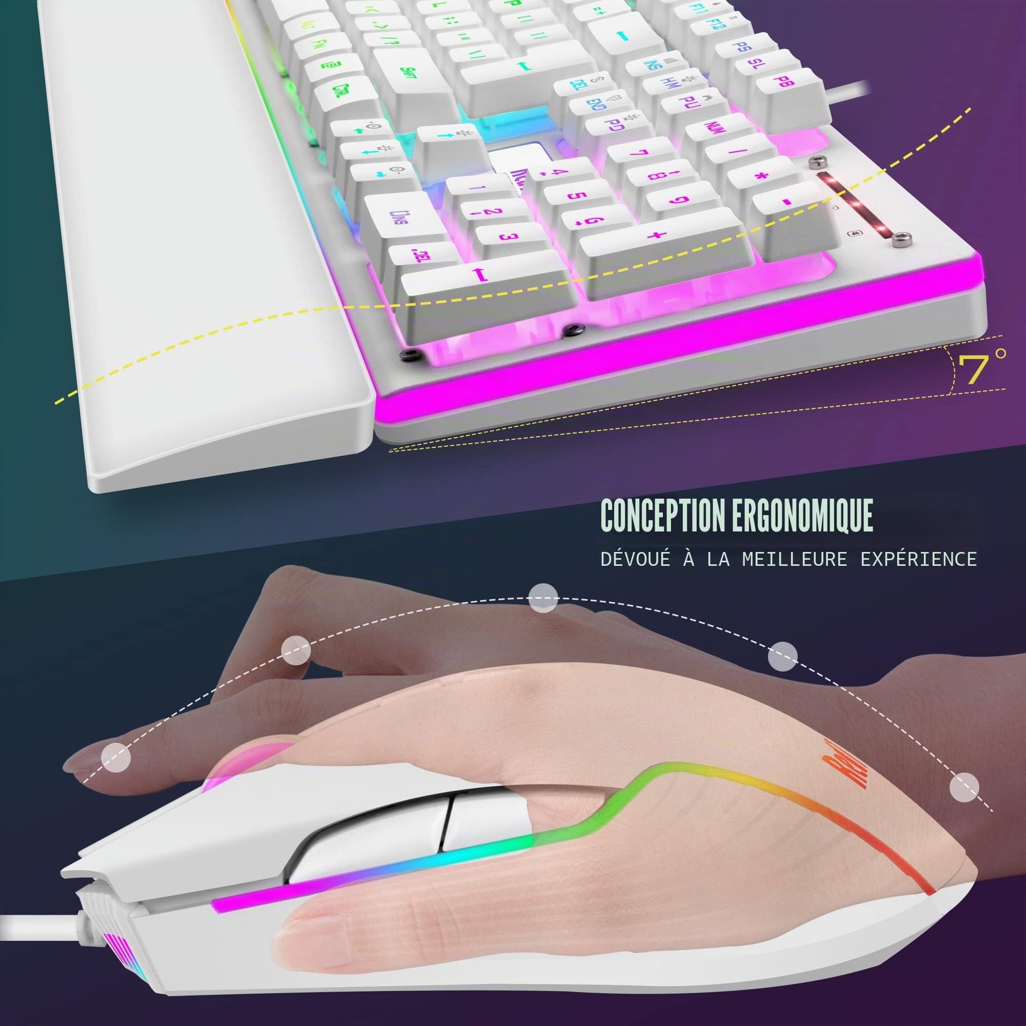 RedThunder K10 Clavier de jeu filaire et souris combiné, disposition britannique, rétroéclairage RVB, clavier ergonomique anti-ghosting + souris 7D 3200 DPI pour PC, Mac (blanc)