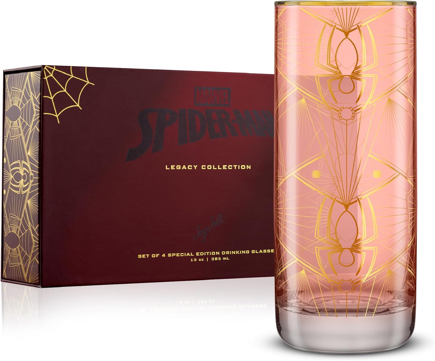 JoyJolt Marvel Spider-Man Legacy Tall Drinking Glasses, 13oz Superhero Glass Cups Set of 4, Gifts for Men and Women, Cool Marvel Stuff for Father's Day