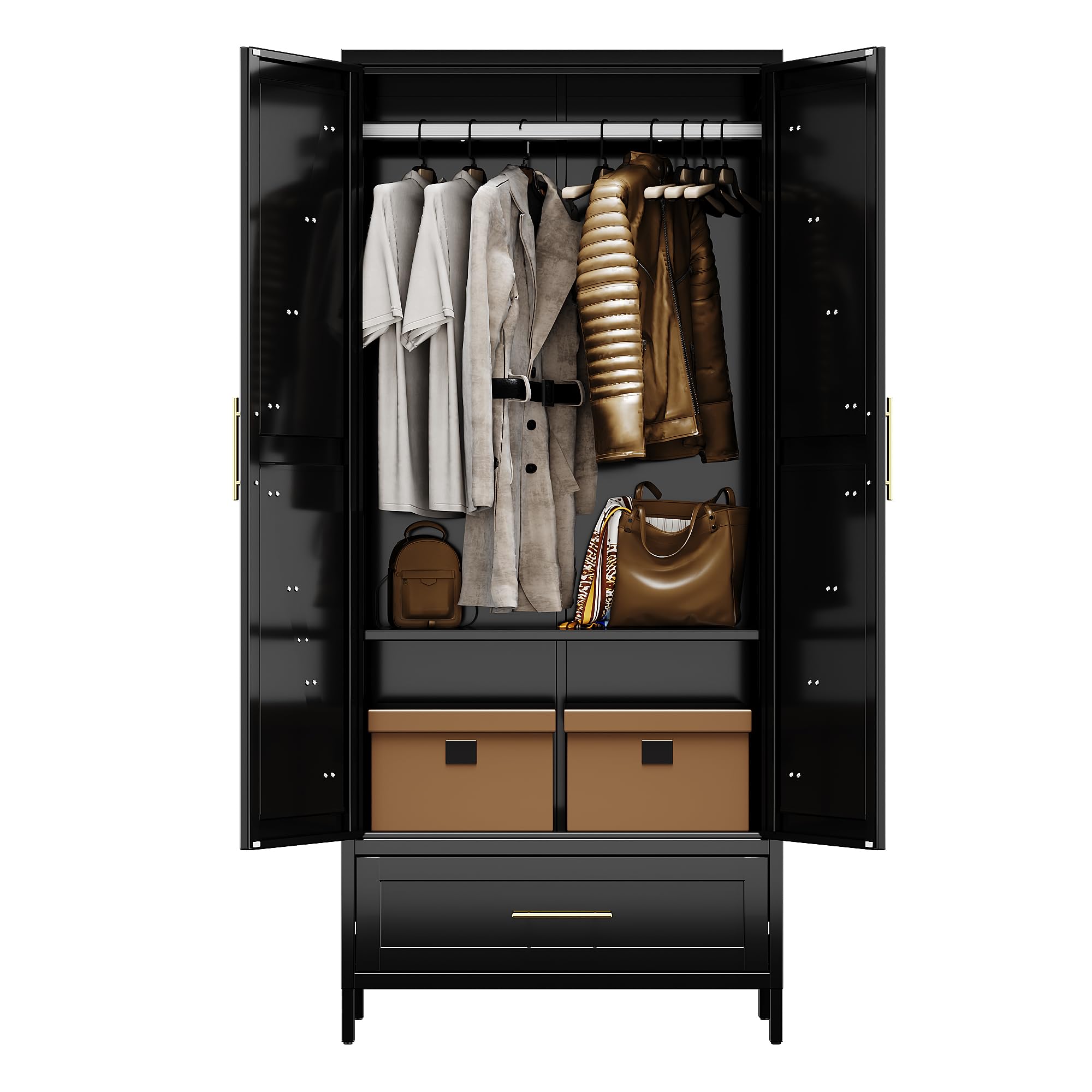 Aobabo Metal Wardrobe Cabinet with 1 Drawer, 71" H Metal Wardrobe Closet with 1 Adjustable Shelf and Hanging Rod for Home, Laundry Room, Bedroom, Black,Installation Required,