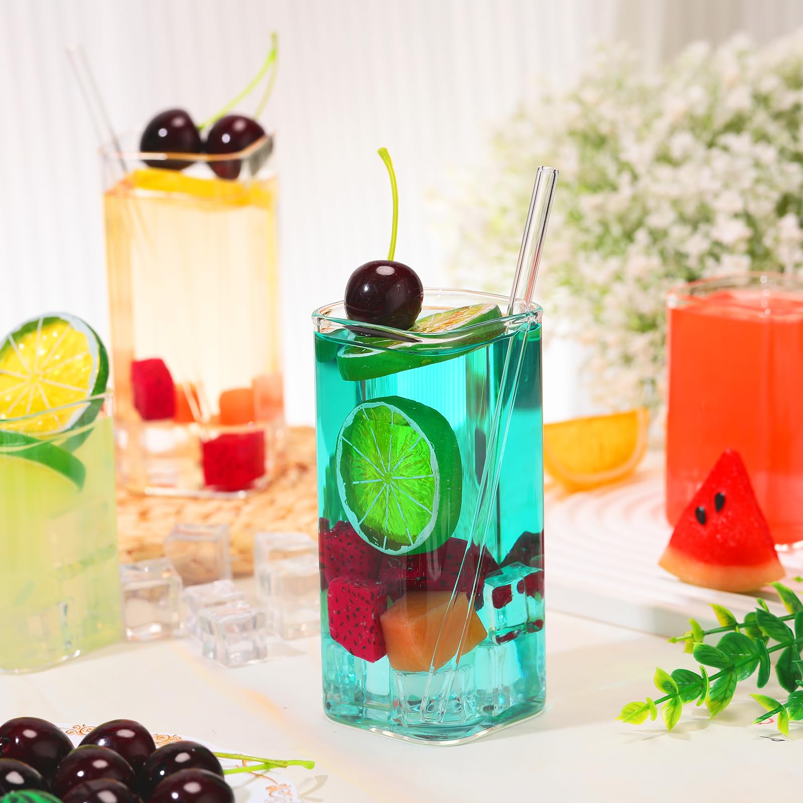 Mifoci Juego de 20 vasos cuadrados de vidrio de 8 onzas, 13 onzas, vasos cuadrados transparentes Highball modernos, vasos de cristalería mixtos con pajitas de vidrio y cepillos de limpieza para cóctel