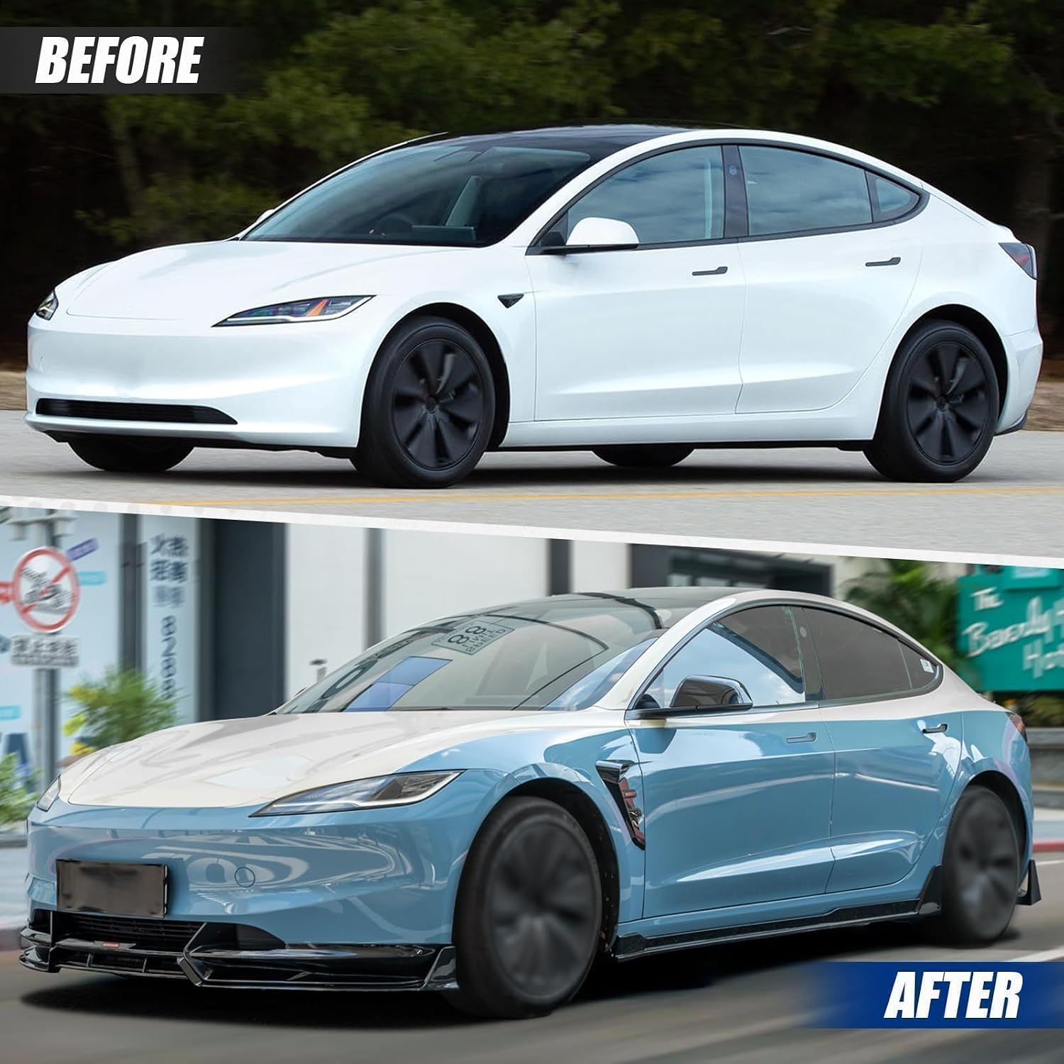 Compatible with Tesla Model 3 Highland 2024-2026 Complete Aerodynamic Body Kit — 6PC Spoiler LED Diffuser Side Skirts Front Lip Set — Gloss Black
