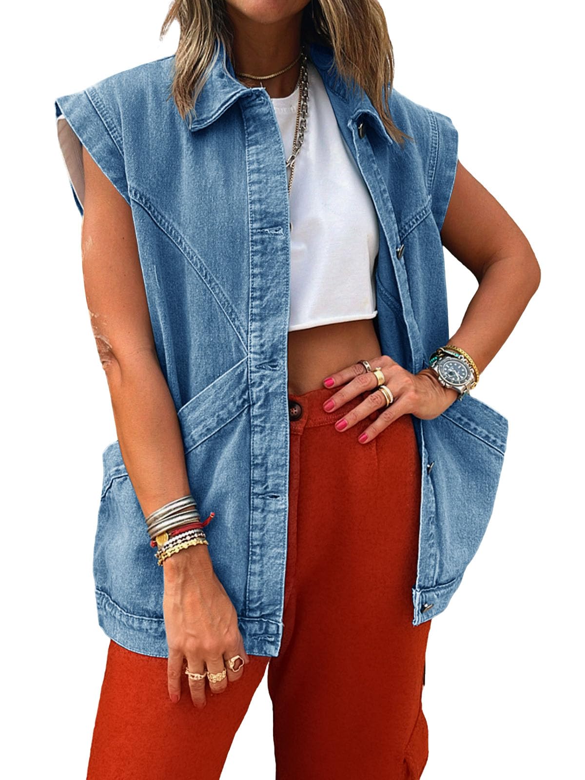 PLNOTME Womens Oversized Sleeveless Denim Vest Classic Button Down Jean Vest Casual Utility Lapel Jean Jacket