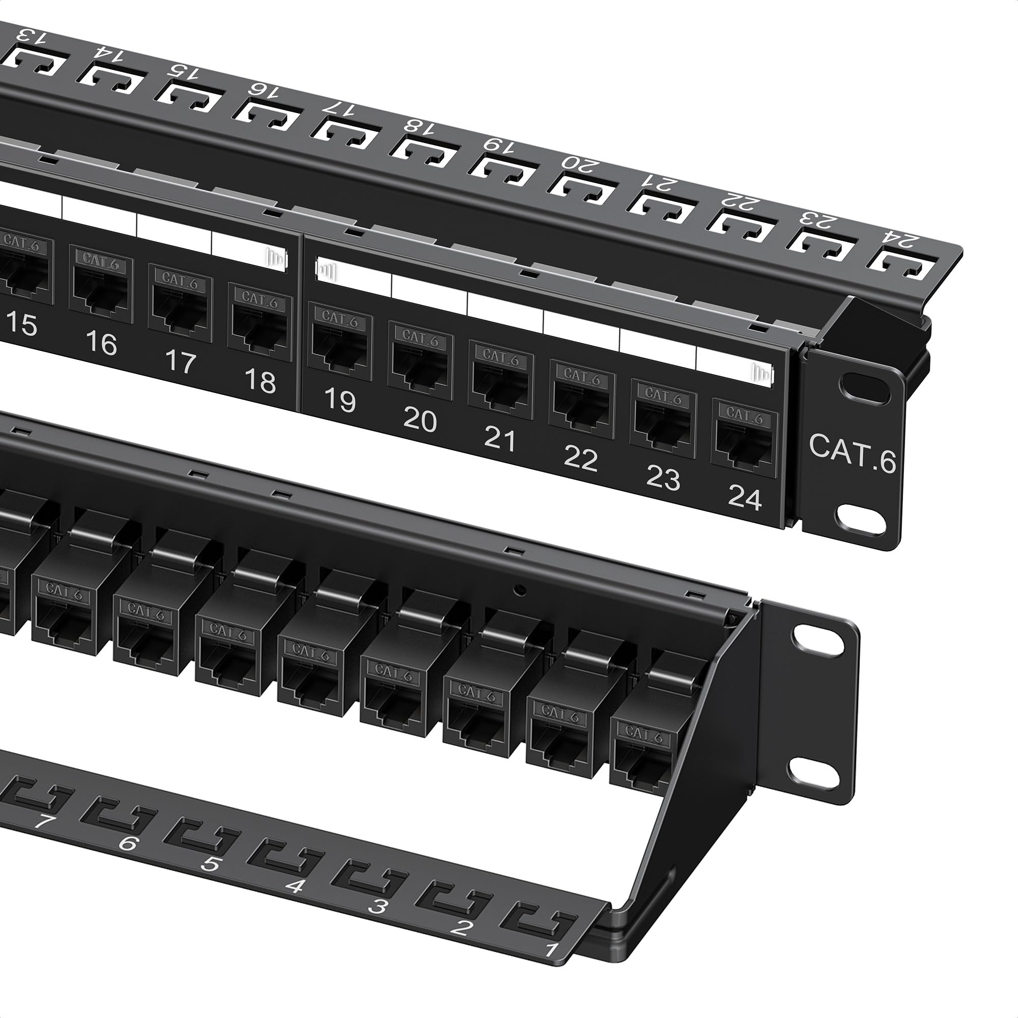 Cable Matters Pannello patch Ethernet Cat6 1U da 48,9 cm a 24 porte 10 Gbps con Keystone in linea e barra di gestione dei cavi, pannello patch di rete per montaggio a rack o a parete / Patch Panel
