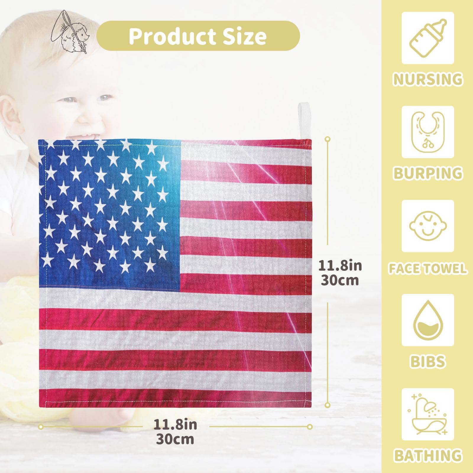 Kigai American Flag Baby Washcloths,5pcs Ultra Soft Absorbent Towel,Newborn Bath Face Towel, Natural Reusable Baby Wipes for Sensitive Skin, Baby Registry as Shower