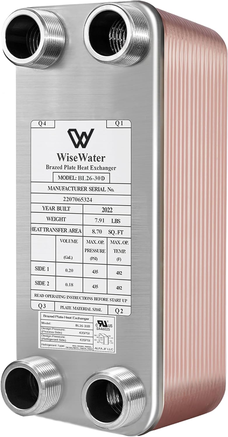AB WiseWater Plate Heat Exchanger, 4"x12" 30 Plates Water to Water Heat