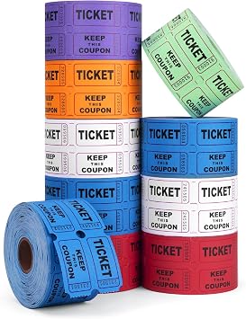 Colemoly 1000 Raffle Tickets Roll, 5000 Pairs 10 Rolls 2" x 2"-500 Pairs per Roll 50/50 Double Roll Tickets 10000 Pieces in Total for Events Blue, Red, White, Green, Purple, Orange