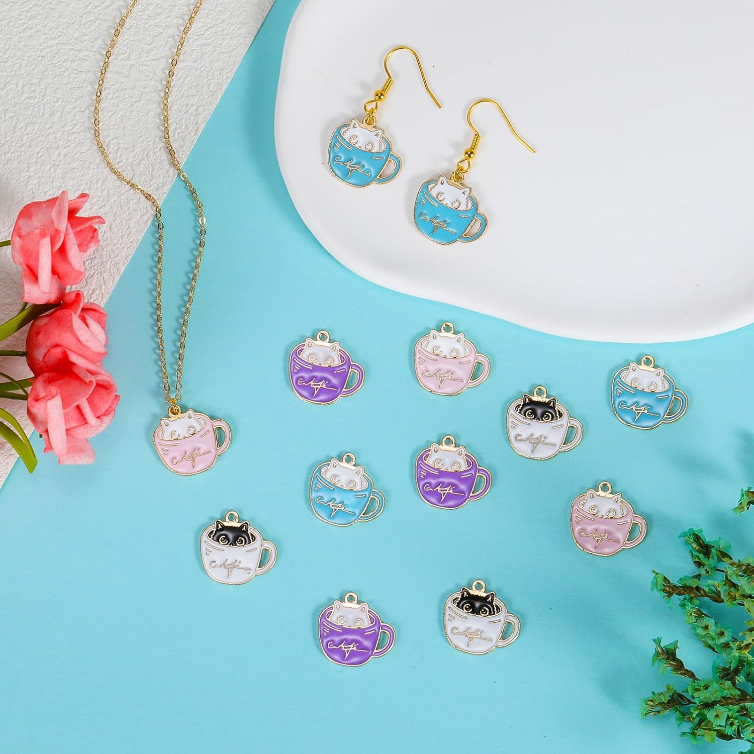 60Pcs Cat Charms Coffee Cup Charms Alloy Enamel Charms Pendant Cute Animal Charms for Jewelry Bracelets Necklace Earrings Making DIY Craft Supplies - Image 4