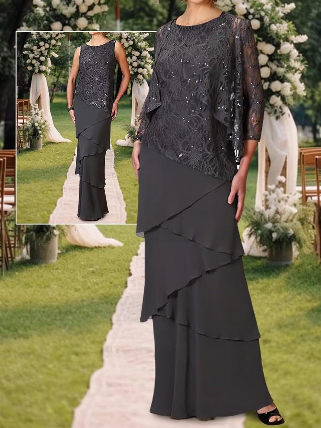 Mother of the Bride Dresses for Wedding Long Evening Formal Dresses Lace Wedding Guest Groom Dress with Jacket Sequin