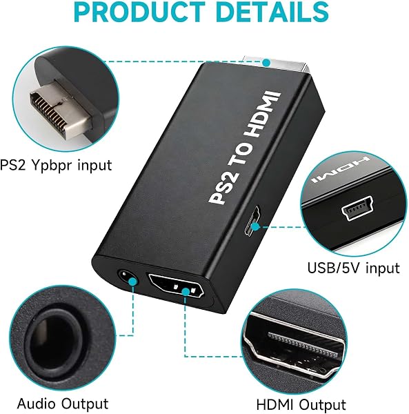 Dewlawn Adaptador PS2 a HDMI con Audio de 3,5 mm, Convertidor PS2 a HDMI para PS2 50000 70000 80000, Adaptador de Vídeo y Audio para HDTV, Monitor Juegos, Modos 480i/480p/576i - 3