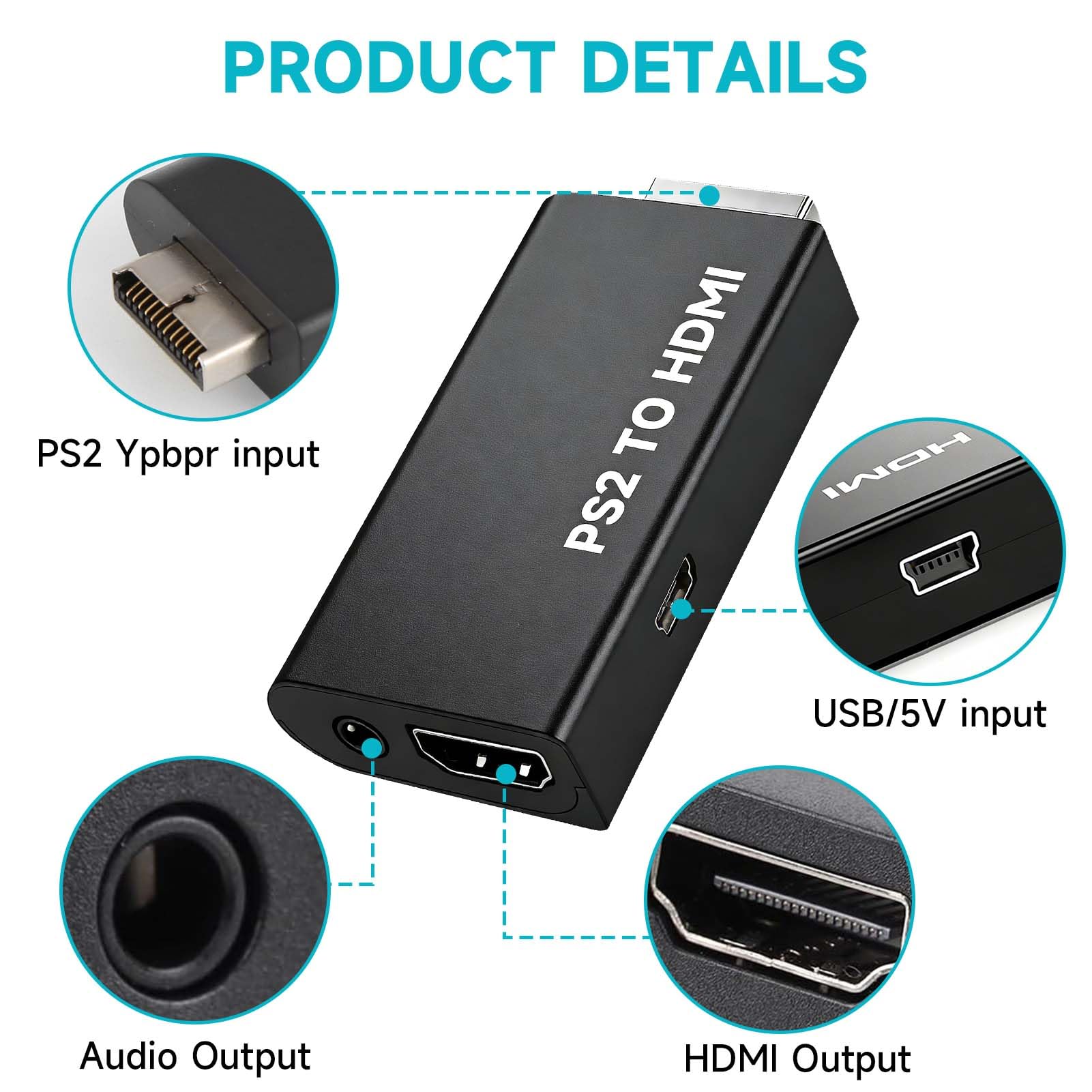 Dewlawn Adaptador PS2 a HDMI con Audio de 3,5 mm, Convertidor PS2 a HDMI para PS2 50000 70000 80000, Adaptador de Vídeo y Audio para HDTV, Monitor Juegos, Modos 480i/480p/576i — view 3