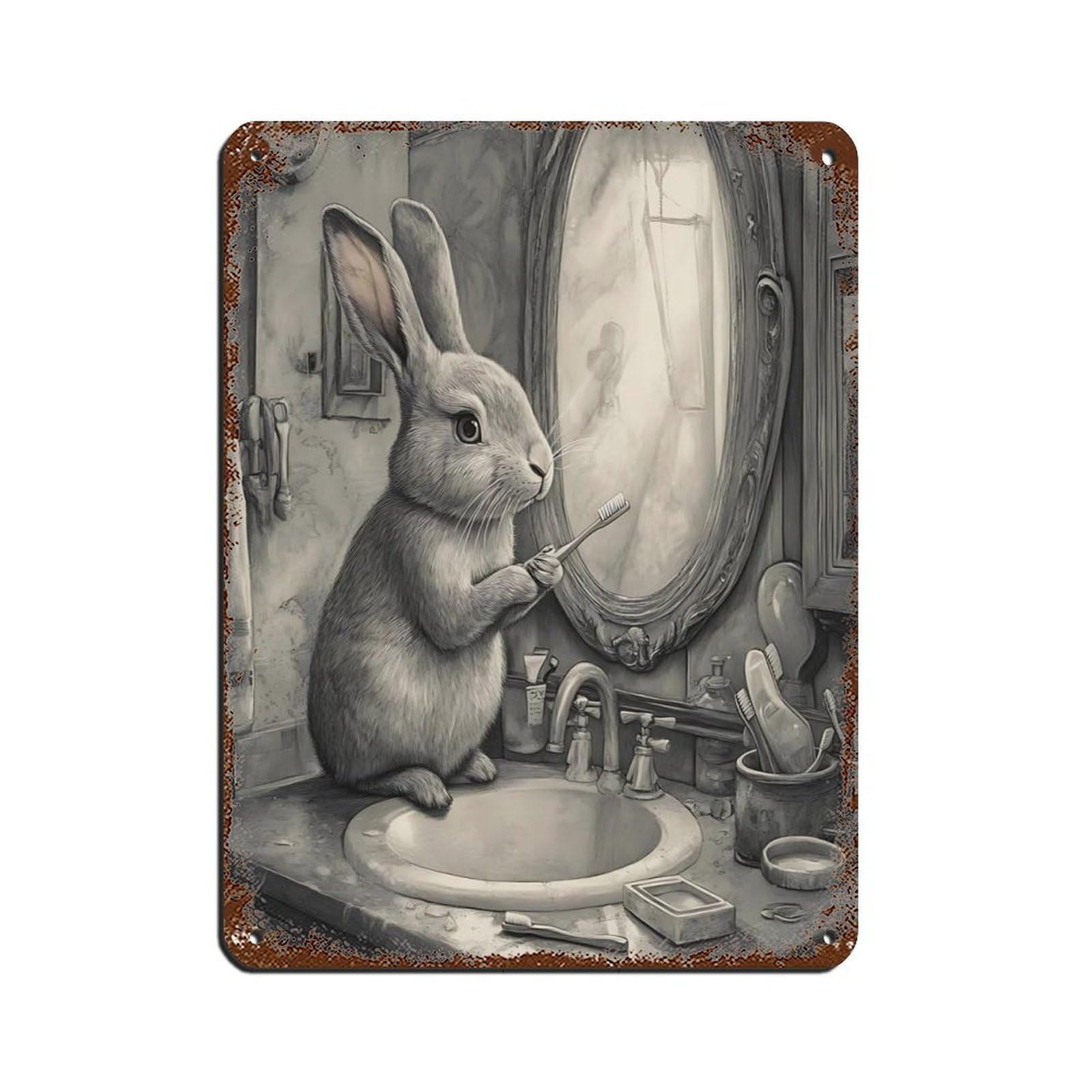 Whimsical Rabbit Bathroom Art Retro Poster Metal Tin Sign Chic Art Retro Iron Painting Bar People Cave Cafe Family Garage Poster Wall Decoration 12x16inch(30x40cm)
