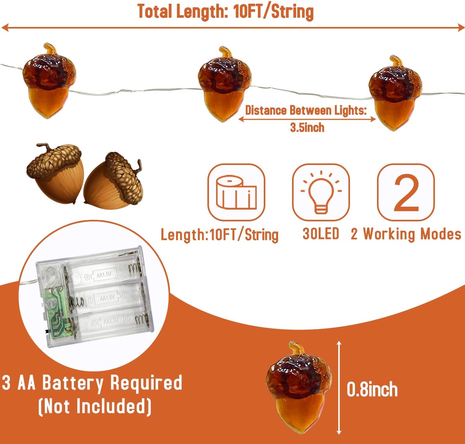 TURNMEON 2 Pack 3D Thanksgiving Decorations Acorns String Lights Fall Garland, Total 20Ft & 60 LED Warm White Battery Powered Fall Lights for Thanksgivings Autumn Home Indoor Outdoor