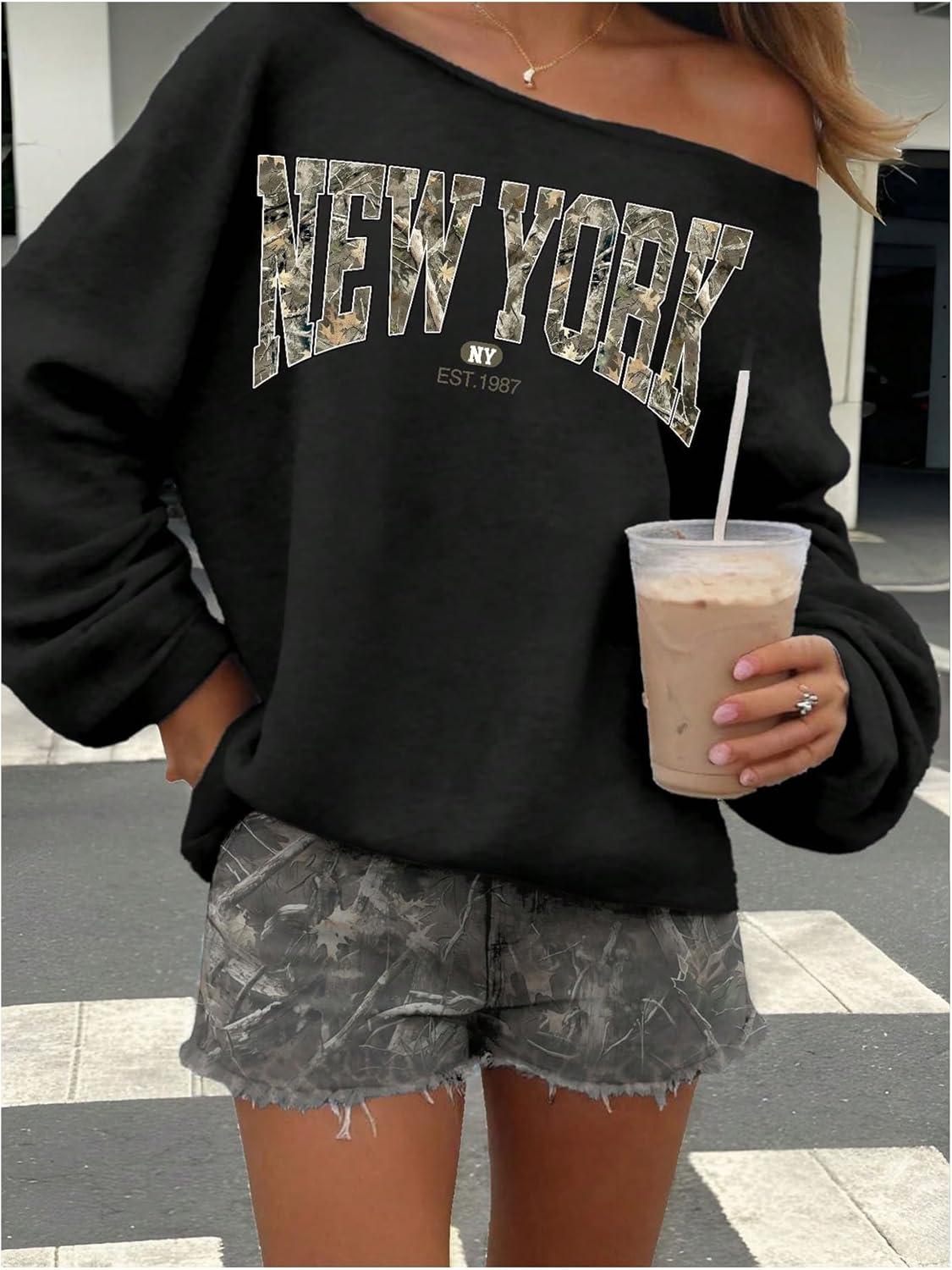 WDIRARA Women's Letter Branch Graphic Sweatshirt Asymmetrical Neck Long Sleeve Pullovers Oversized Top - Image 5