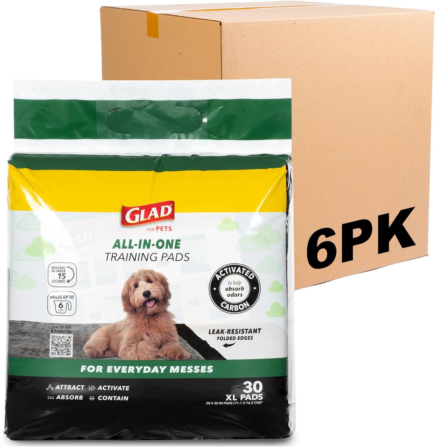 Glad for Pets JUMBO-SIZE Charcoal Puppy Pads, All-in-One | Black Training Pads That ABSORB & Neutralize Urine Instantly | New & Improved Quality Puppy Pee Pads, 30 Count - 6 Pack