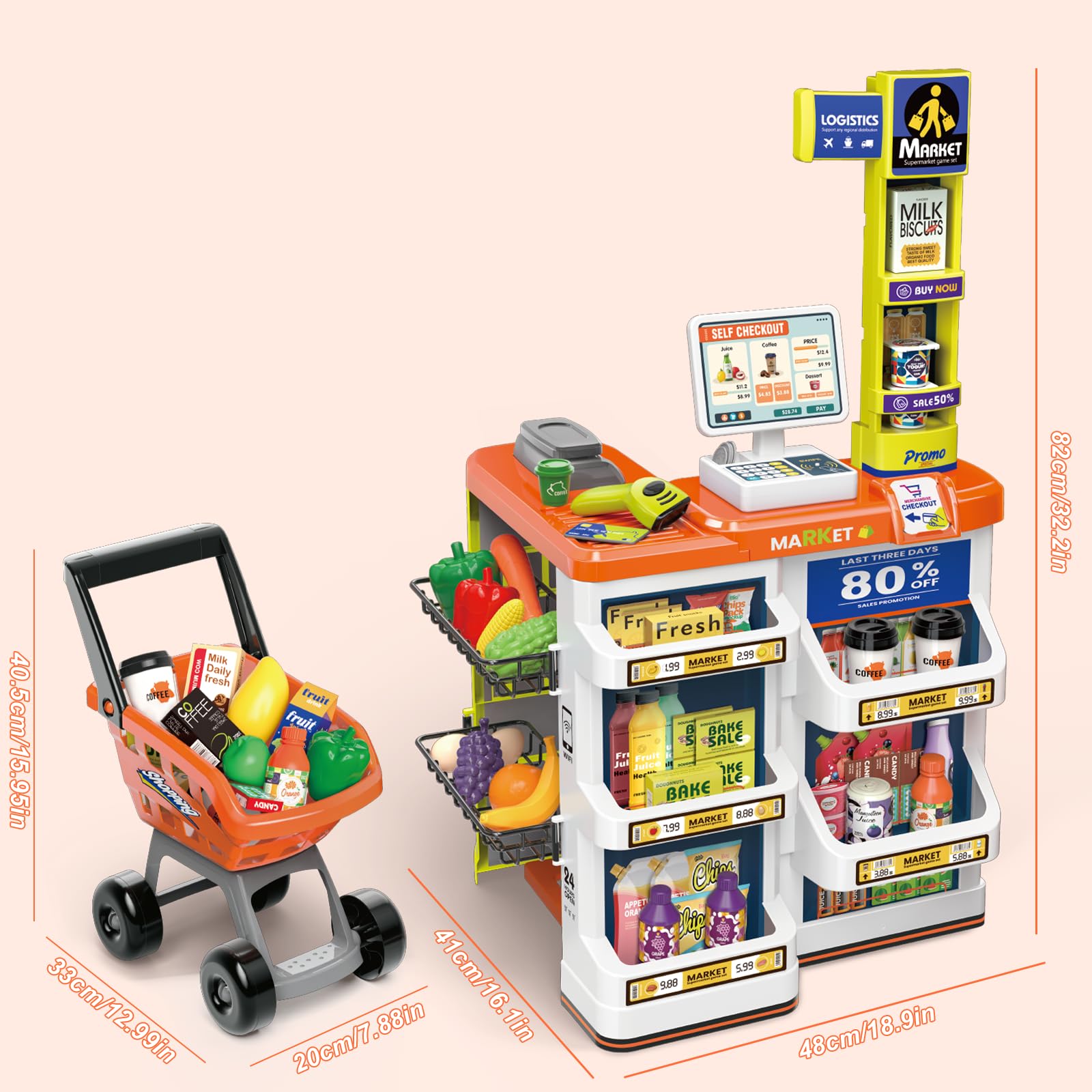 DeAO Supermercado Infantil 65 Accesorios | Carrito, Caja Registradora Con Scanner Y Luces