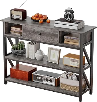 CAIYUN Console Table with Drawer Shelves, 100cm Hallway Table with Storage Shelves, Industrial Wood Entryway Sofa Table for Living Room, Couch, Foyer, Kitchen Counter Grey
