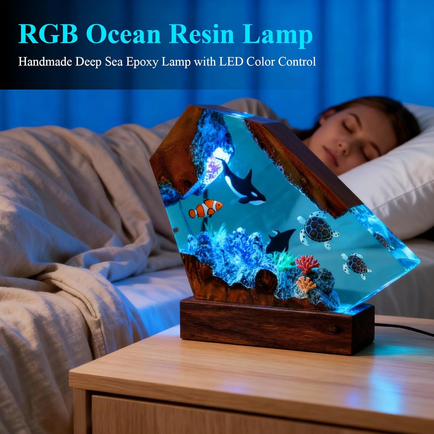 RGB Ocean Resin Lamp, Handmade Deep Sea Epoxy Lamp With LED Color Control, Creative Diver Night Light Desktop Decor for Diving Enthusiasts Gifts (A, 4"W x 6"H)
