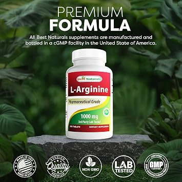 (New Improved Formula) Best Naturals L-Arginine 1000 mg 120 Tablets - Pharmaceutical Grade L Arginine Supplement Promotes Nitric Oxide Synthesis | L Arginine supplement promotes nitric oxide synthesis