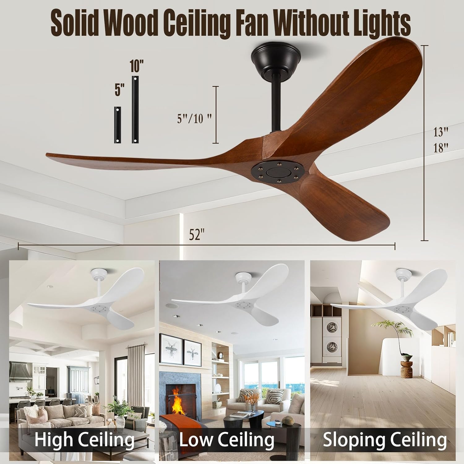 QWO 52" Ceiling Fans Without Lights, Solid Wood Ceiling Fan with Remote Control and DC Motor, Ceiling Fan no Light with 3 Blades, Indoor Outdoor Ceiling Fans for Patios, Bedroom- Dark Walnut