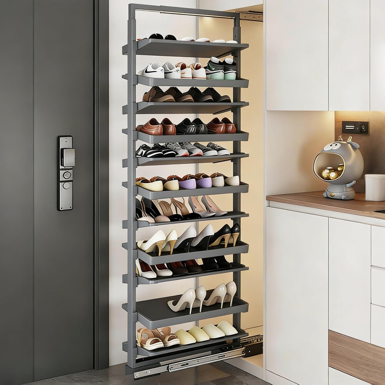 Pull-Out Shoe Rack for Inside The Cabinet,Expanding Shoe Cabinet,Adjustable Height Retractable Metal Vertical Shelf Organizer Space Saving Storage(White,D25.6IN_4 Tier)