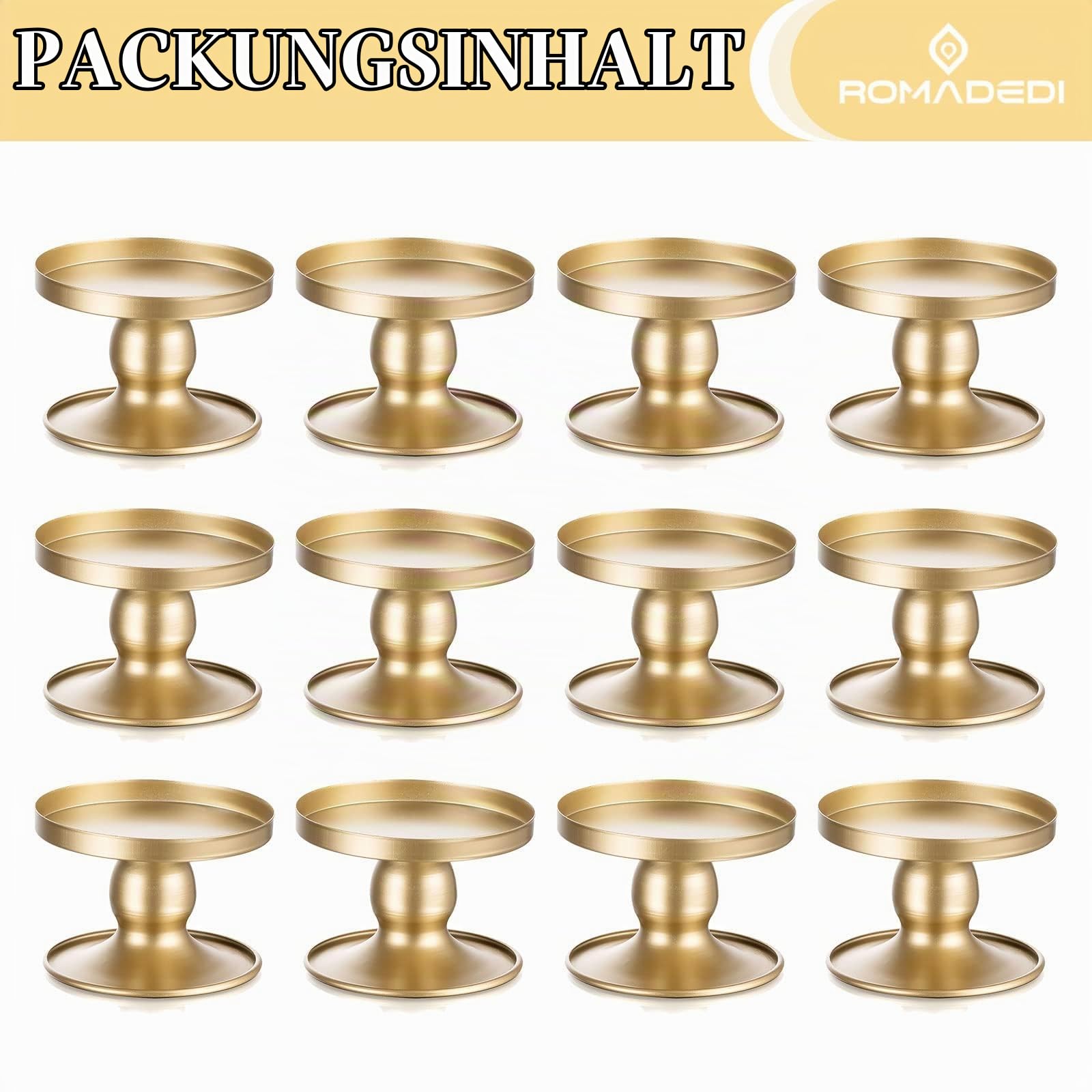 Romadedi Kerzenständer für Stab- und Stumpenkerzen, 12er-Pack, Gold | Beidseitig nutzbar, 5,6 cm hoch; für Stabkerzen bis Ø 2,2 cm und Stumpenkerzen bis Ø 7,6 cm; aus goldfarbenem Metall