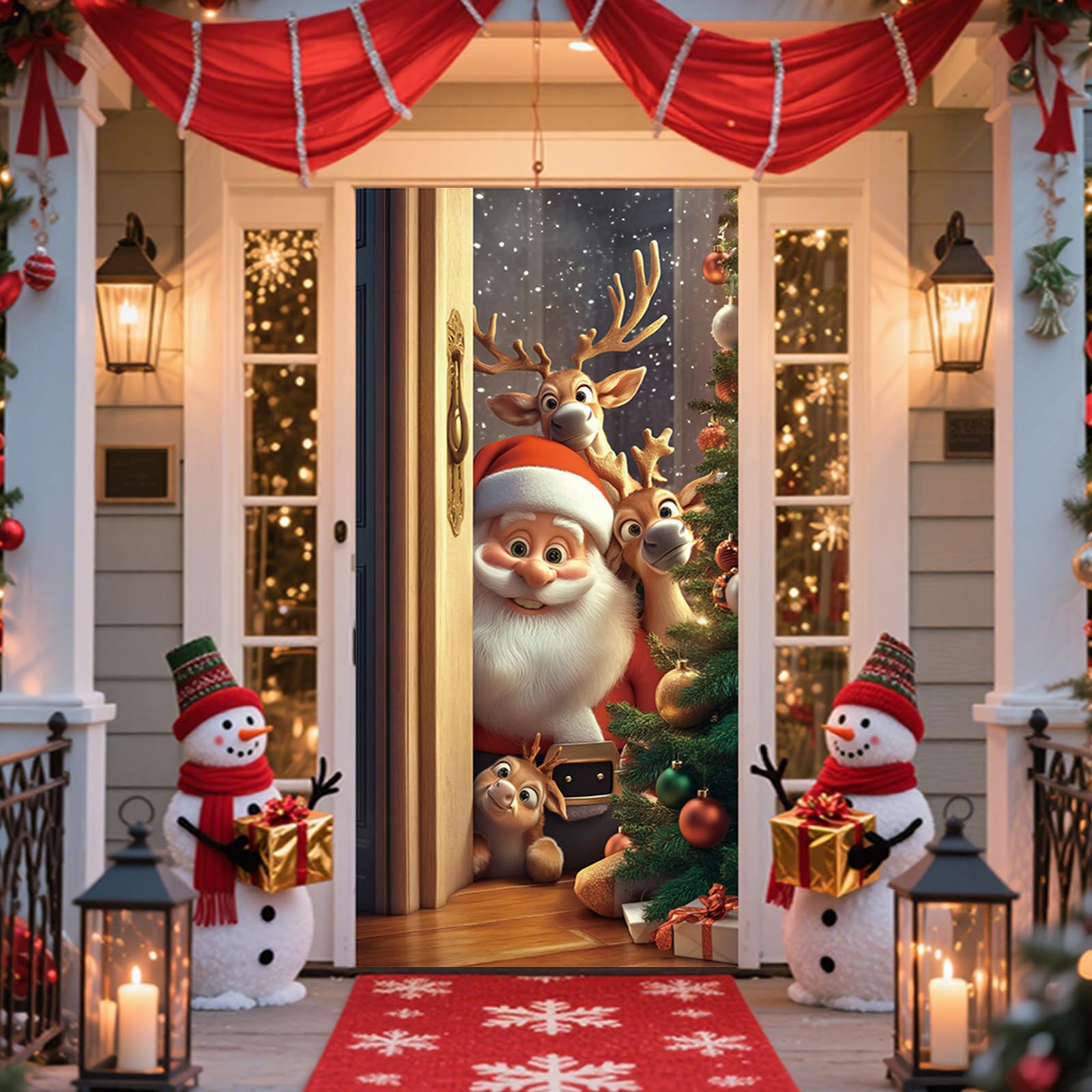 ECBEITF Santa Claus Christmas Door Cover Decoration 78.74 × 35.43 inch, Xmas Door Backdrop with Self-Adhesive Hook and Loop Strips, Christmas Party Door Hanging Cover for Inside Outside
