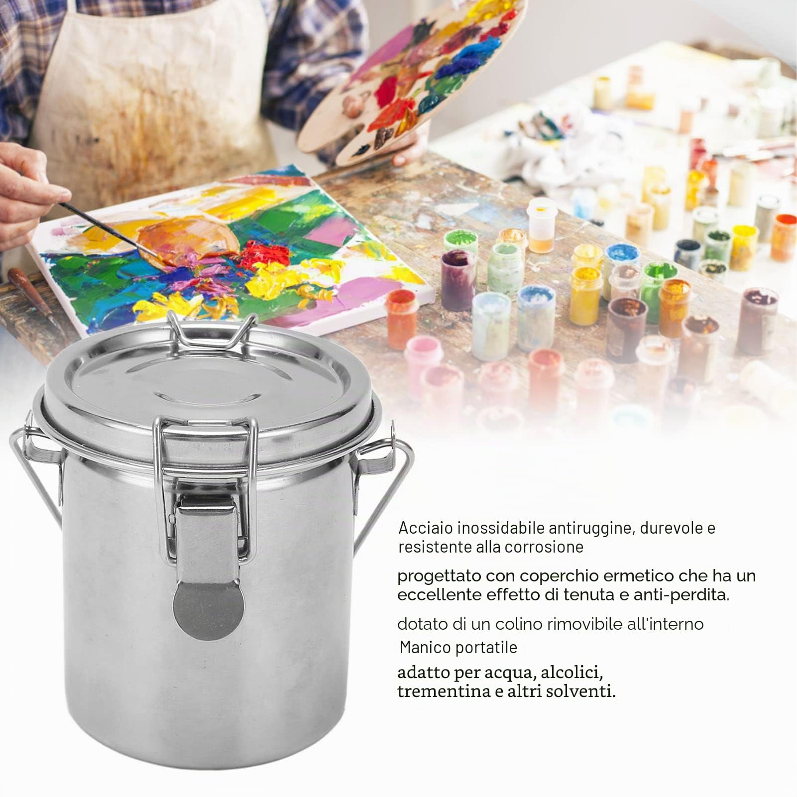 Secchio per Lavaggio Pennelli in Acciaio Inox, Portatile con Coperchio Ermetico e Filtro Rimovibile, Anti-Perdite per Studio d'Arte e Pittura a Olio