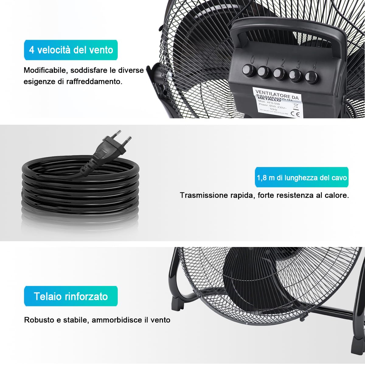 EXTRASTAR Ventilatore a Colonna Industriale da 50cm con Oscillazione Automatica 360° & 3 Velocità, 80W/1300 giri/min, Altezza Regolabile (101-130 cm), Nero