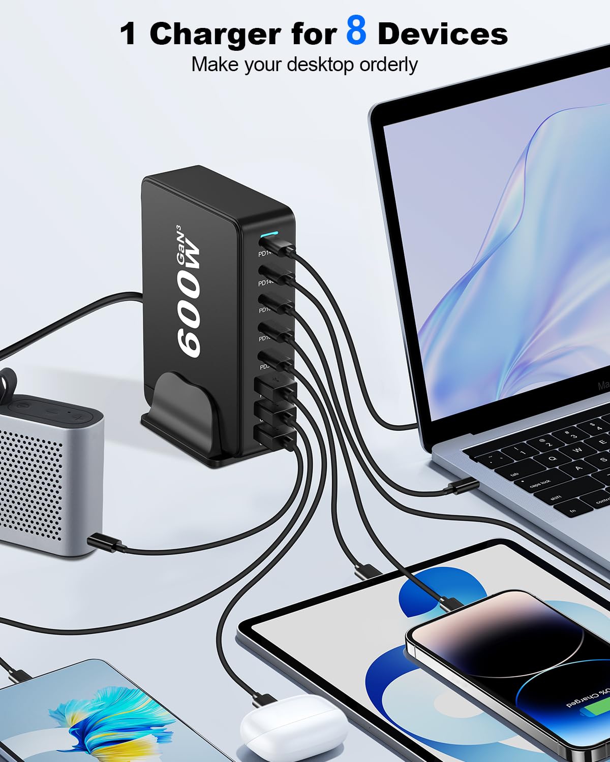 600W Caricatore USB C Multiplo - Stazione di Ricarica USB Multipla GaN III Sicuro 8 Port, Caricabatterie Multi Portatile da Viaggio con PD 100W per Laptop/QC 30W, Stazione di Ricarica Rapido