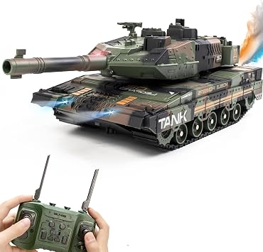 RC Tank that Shoots for Kids - 2.4Ghz Remote Control Army Tank Toys with Auto Demo Sound Light Smoke - 13 Channel Military Vehicles Model Gift for Adults Boys Age 6-8 9-12, Army Green