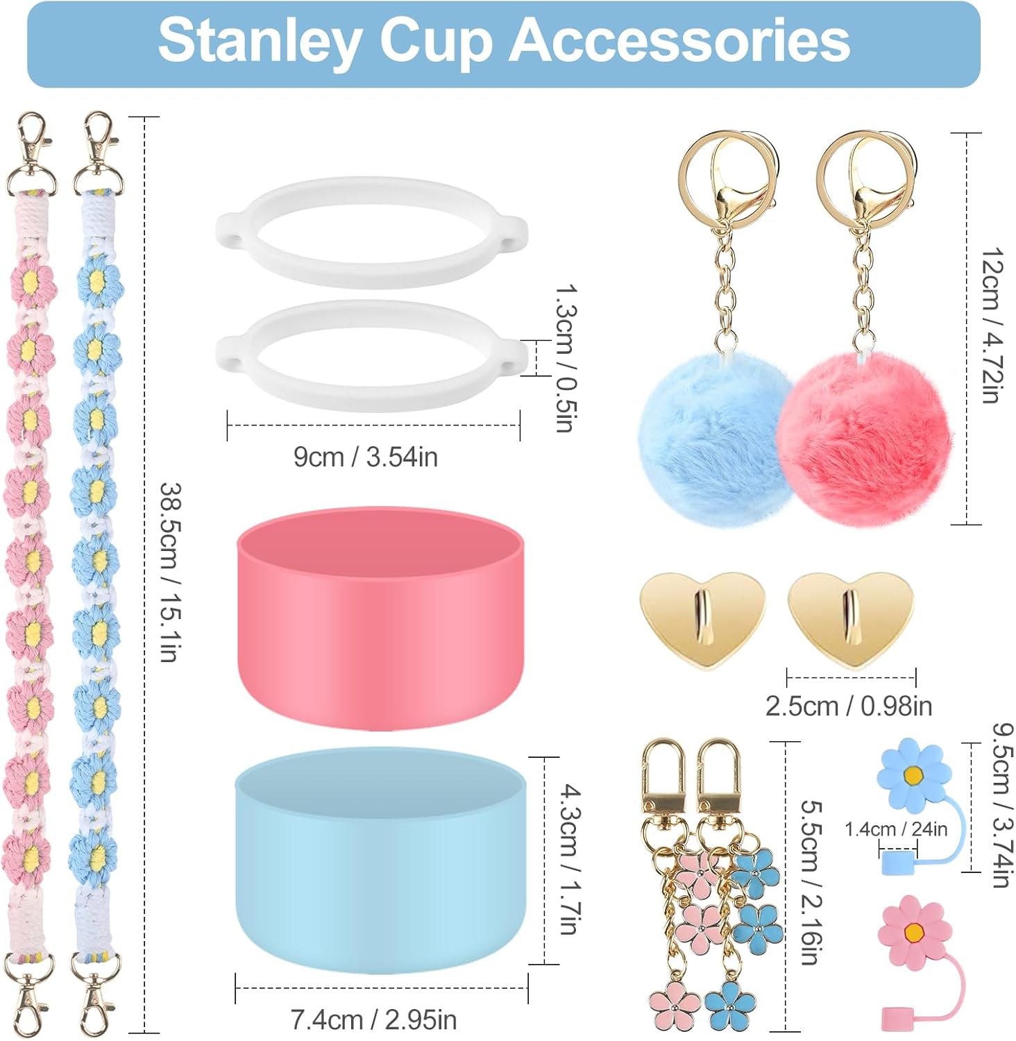 Detailed dimensions of Gerbala Stanley Cup Accessory Set components