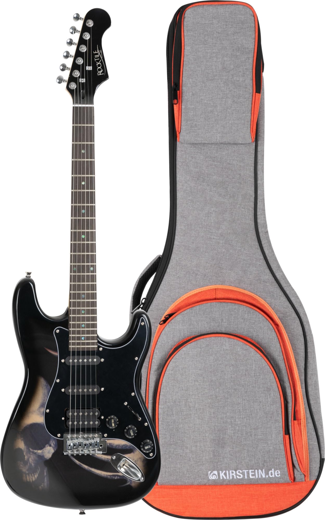Rocktile Pro ST60-SK Chitarra Elettrica Set con Gigbag Skull, Corpo: Tiglio | Manico: acero avvitato, 1 Humbucker/2 Single Coil pickup, 22 tasti jumbo, Tastiera in palissandro, Intarsi: Dot, Peso: ca. 1
