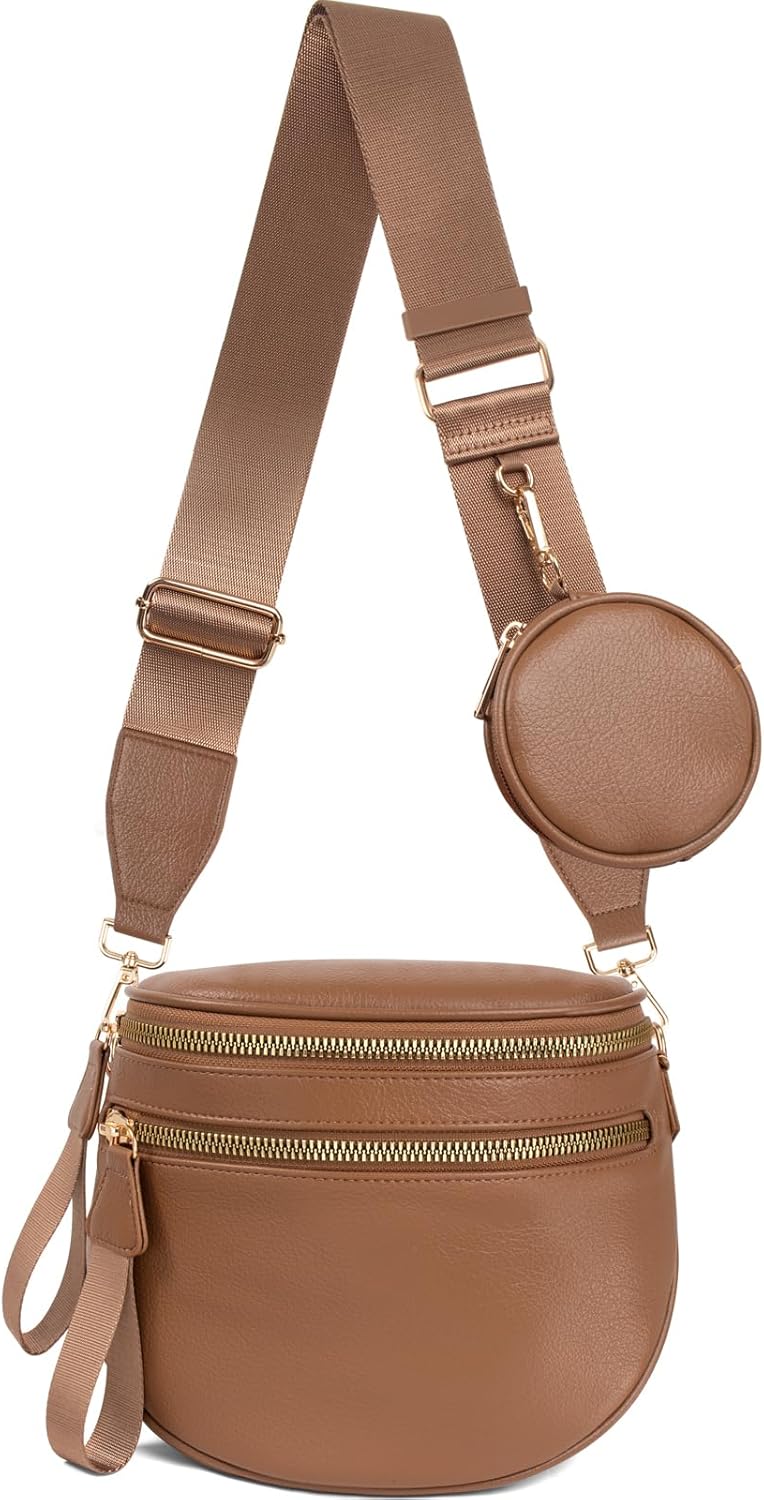 Valentoria Large Leather Crossbody Bags for Women Bum Bag Sling Bag Purse With Adjustable Strap Detachable Wallets Trendy Fashion Must Haves Cross body Bag (Coffee)