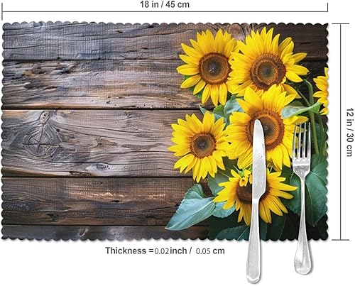 Miniatura 3 de Juego de 6 manteles individuales con patrón de madera de girasoles otoñales, resistentes al calor, lavables, para cocina, comedor y hogar, 12 x 18