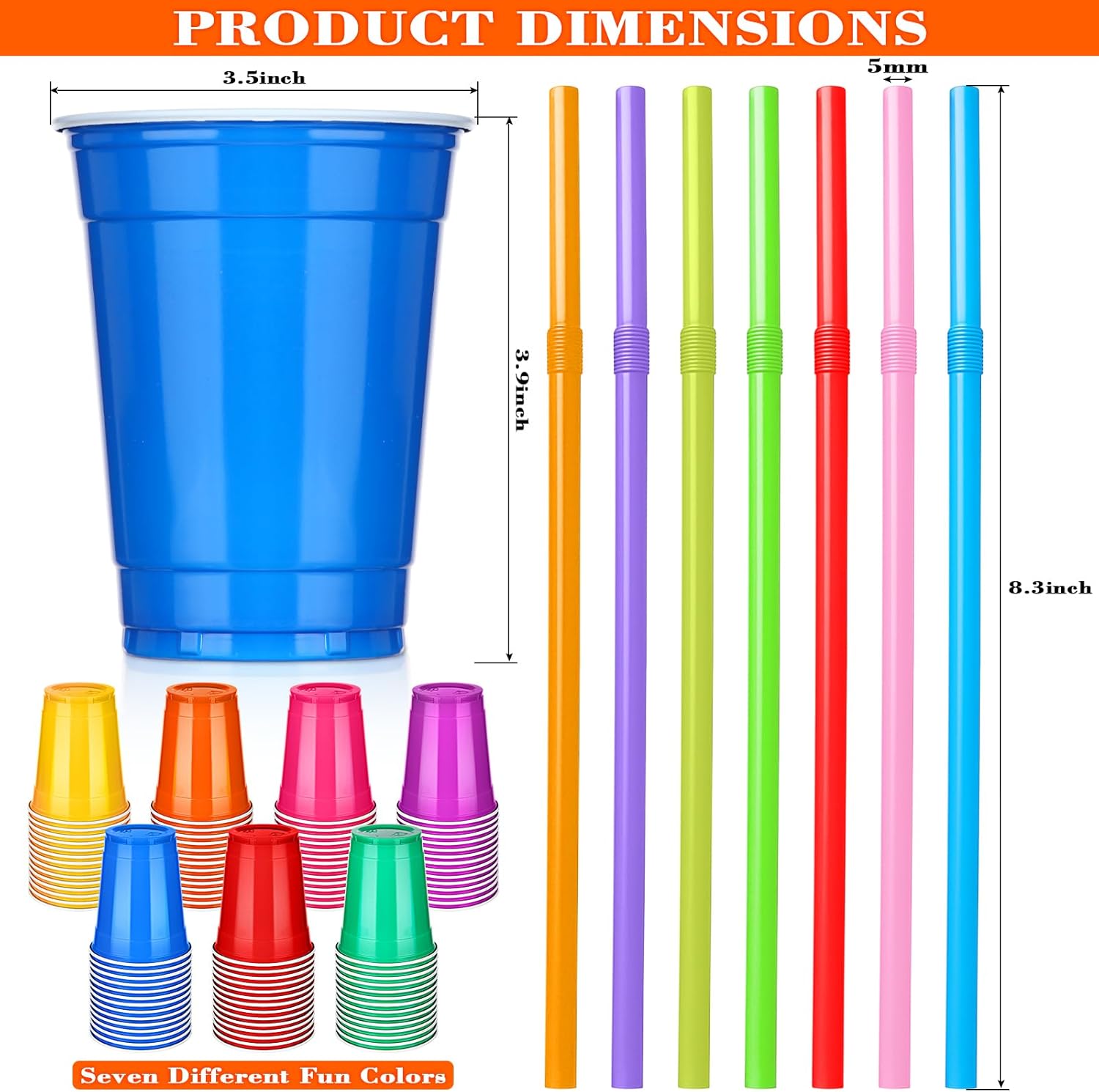 Vesici 100 Pcs Assorted Color Disposable Plastic Cups 12oz with 100 Pcs Flexible Plastic Straws Colorful for Thanksgiving Christmas New Year Birthday Wedding Party - Image 2