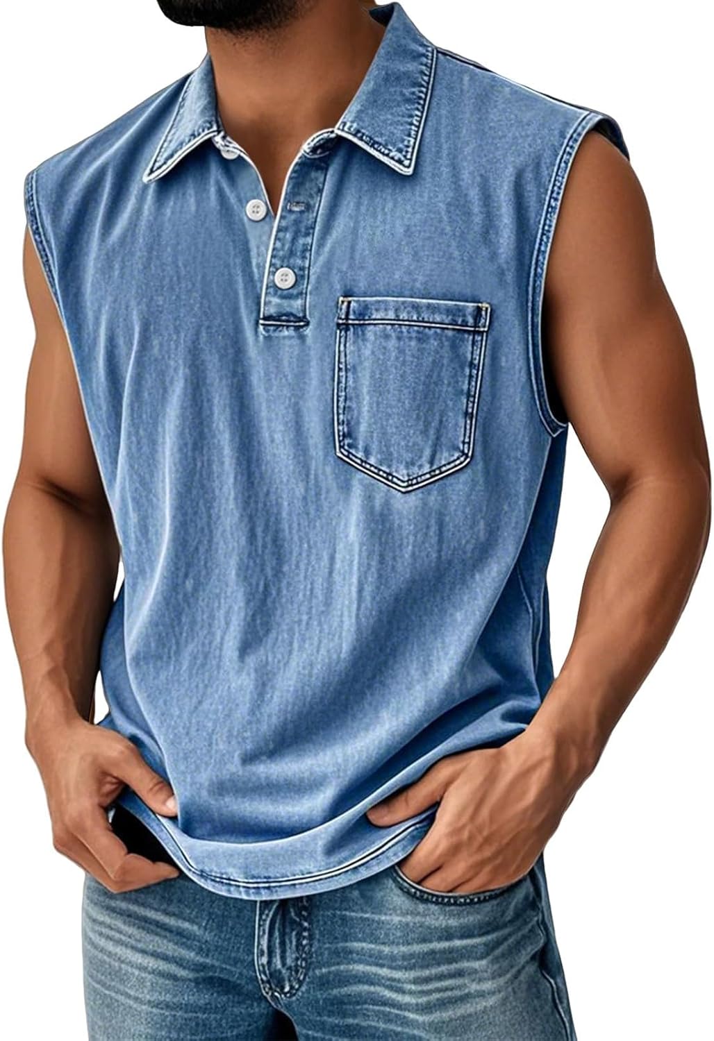 Mens Sleeveless Denim Shirts Henley Vintage Muscle Tank Tops V Neck Button Workout Polo Undershirts with Pocket
