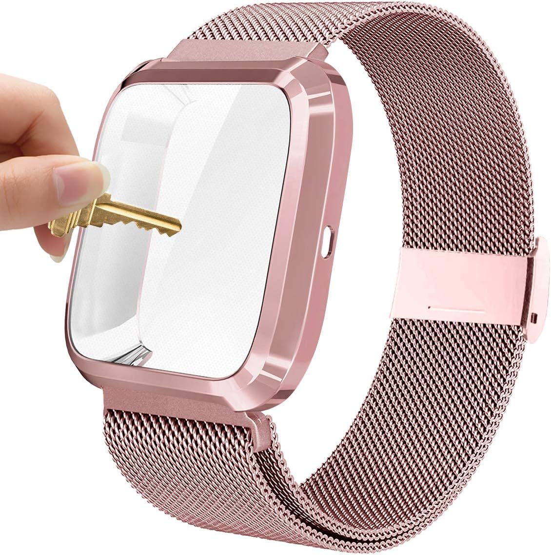 Maxjoy Compatible with Fitbit Versa Bands, Versa 2 Stainless Steel Metal Band Mesh Replacement Bracelet Wristband with Protective Case Compatible with Fitbit Versa 2 1 Watch, Rose Gold