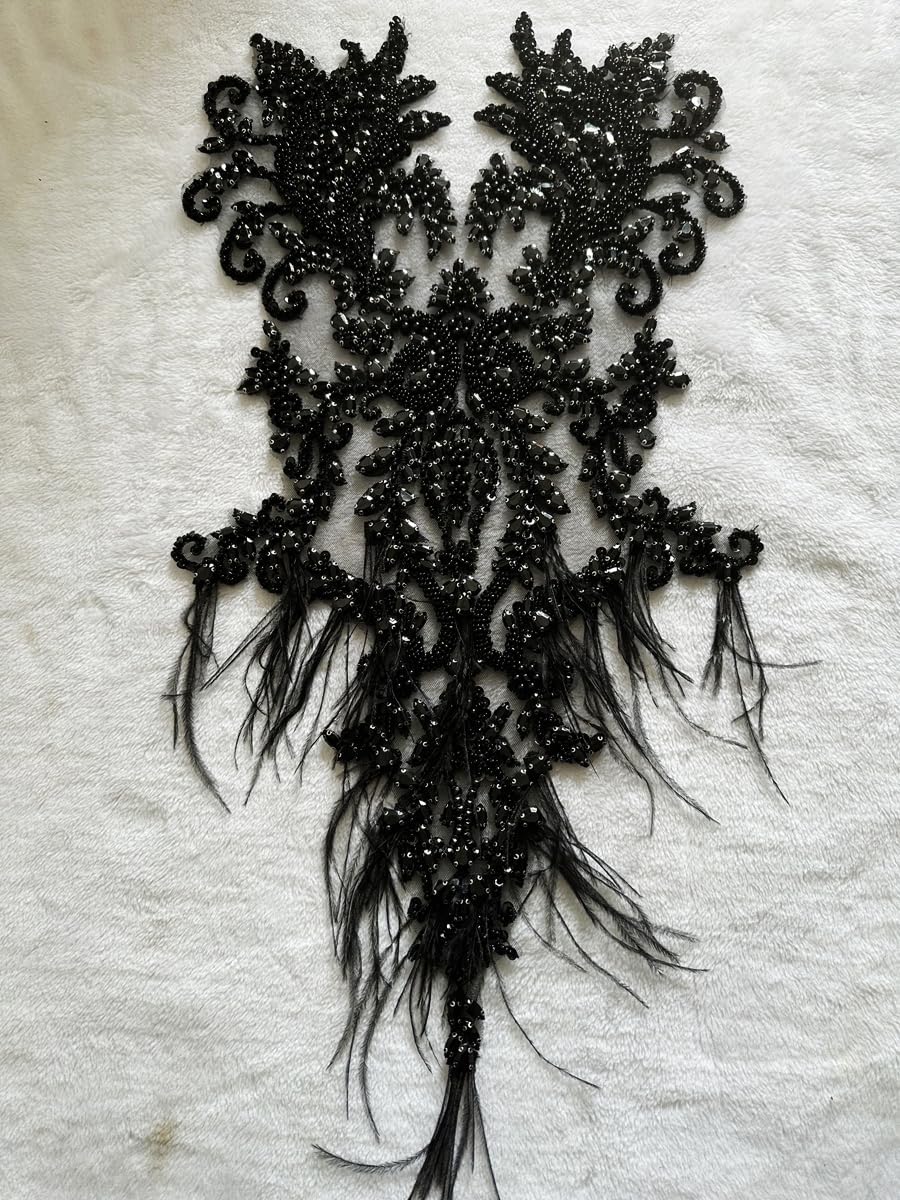 Handmade Rhinestones lace Appliques sew on Beads Trim Patches for Ostrich Feather Dress Clothing Accessories 1PCS/Bag 12.9X23.6inches (Black)