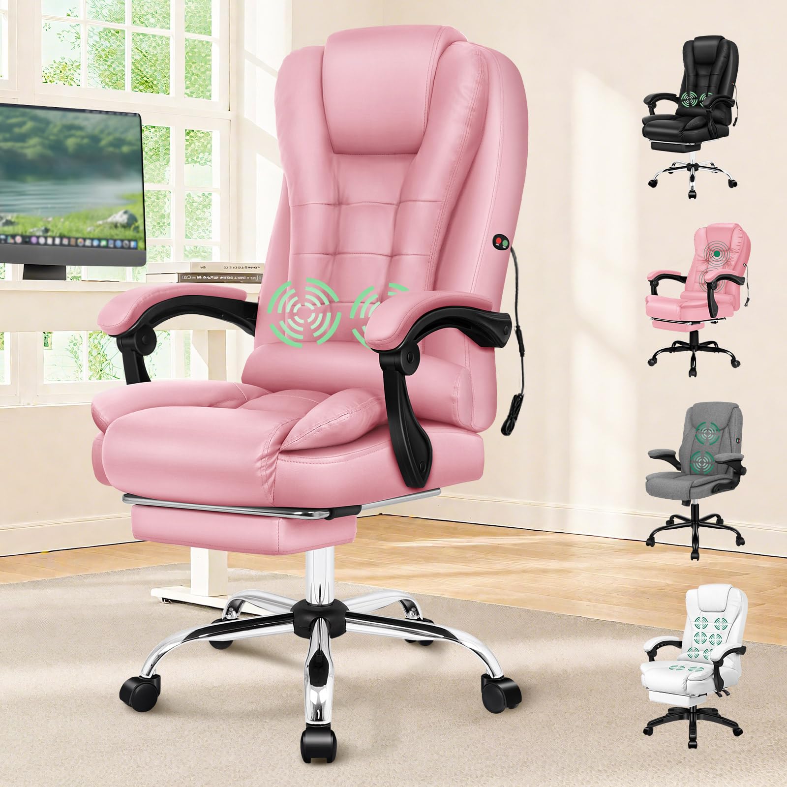 ELFORDSON 2-Point Massage Office Chair for Home, PC Gaming Chair with Footrest and Lumbar Support, High Back 150° Reclining Executive Desk Chair with Padded Armrest, PU Leather, Pink