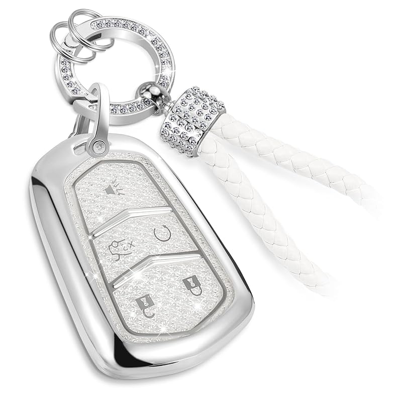 Capa para chave de Cadillac com argola branca e detalhes de strass para chave de 5 botões Coverforkey