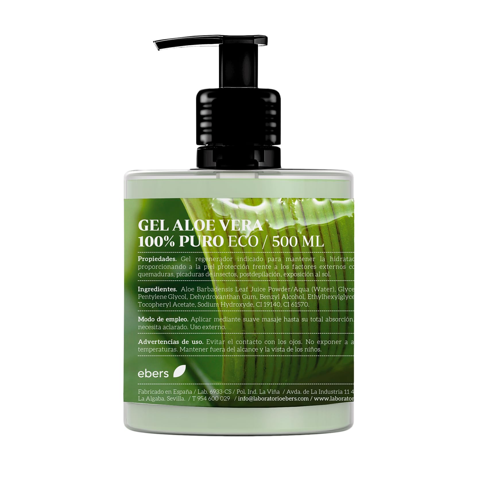 Ebers Gel Aloe Vera Gel 100% puro, 500 ml con dosificador